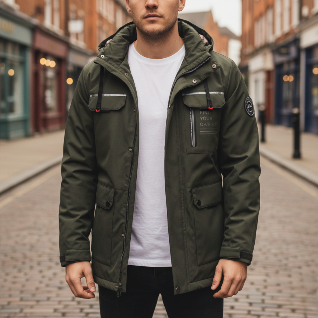 Men's Outdoor Jacket with Hood, Zip Closure and Multiple Pockets