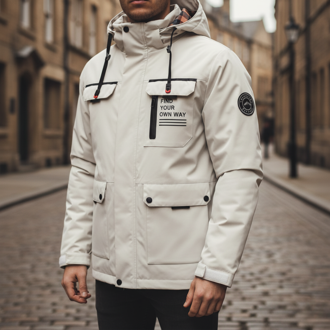 Men's Outdoor Jacket with Hood, Zip Closure and Multiple Pockets