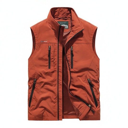 Men's Outdoor Vest with Stand Collar and Multi-Pocket Zip Closure