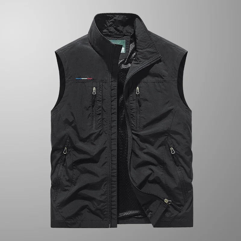 Men's Outdoor Vest with Stand Collar and Multi-Pocket Zip Design