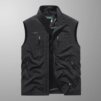 Men's Outdoor Vest with Stand Collar and Multi-Pocket Zip Design