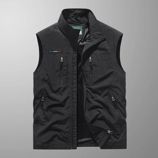 Men's Outdoor Vest with Stand Collar and Multi-Pocket Zip Design