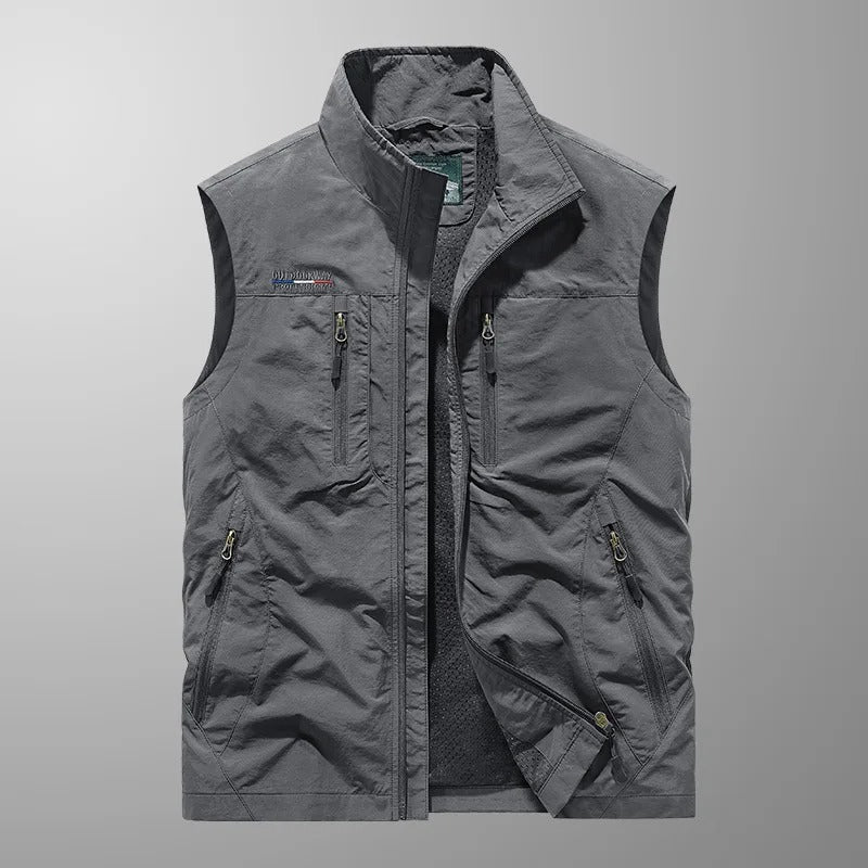 Men's Outdoor Vest with Stand Collar and Multi-Pocket Zip Design