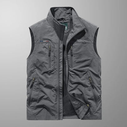 Men's Outdoor Vest with Stand Collar and Multi-Pocket Zip Design