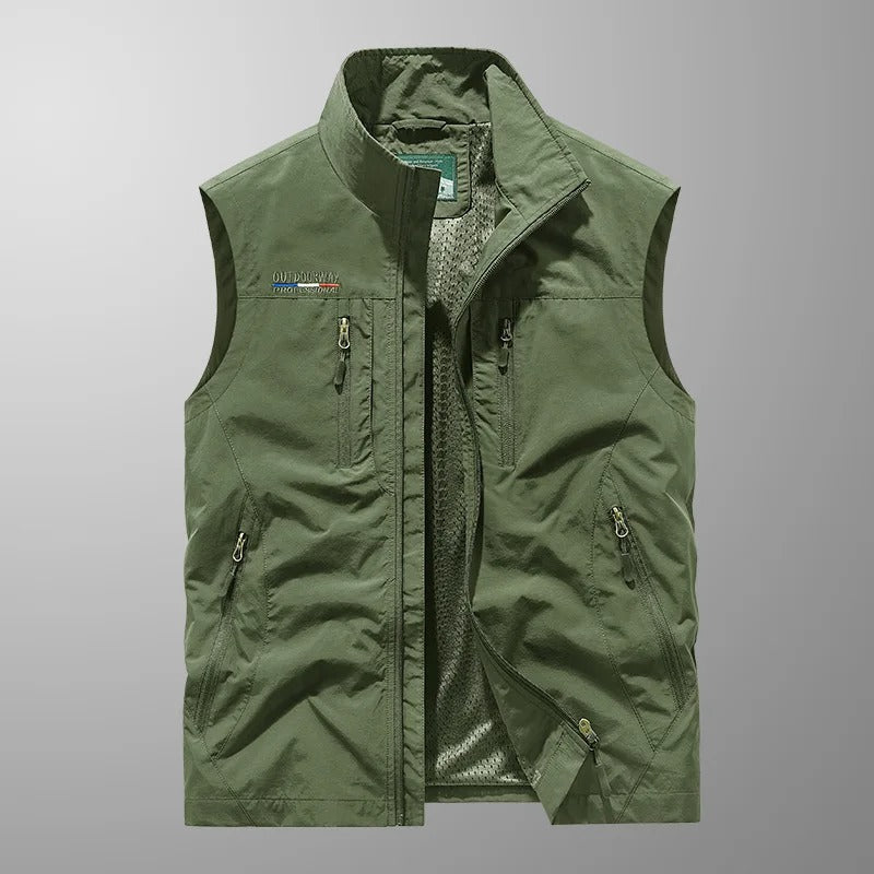 Men's Outdoor Vest with Stand Collar and Multi-Pocket Zip Design