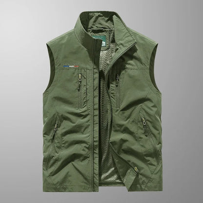Men's Outdoor Vest with Stand Collar and Multi-Pocket Zip Design