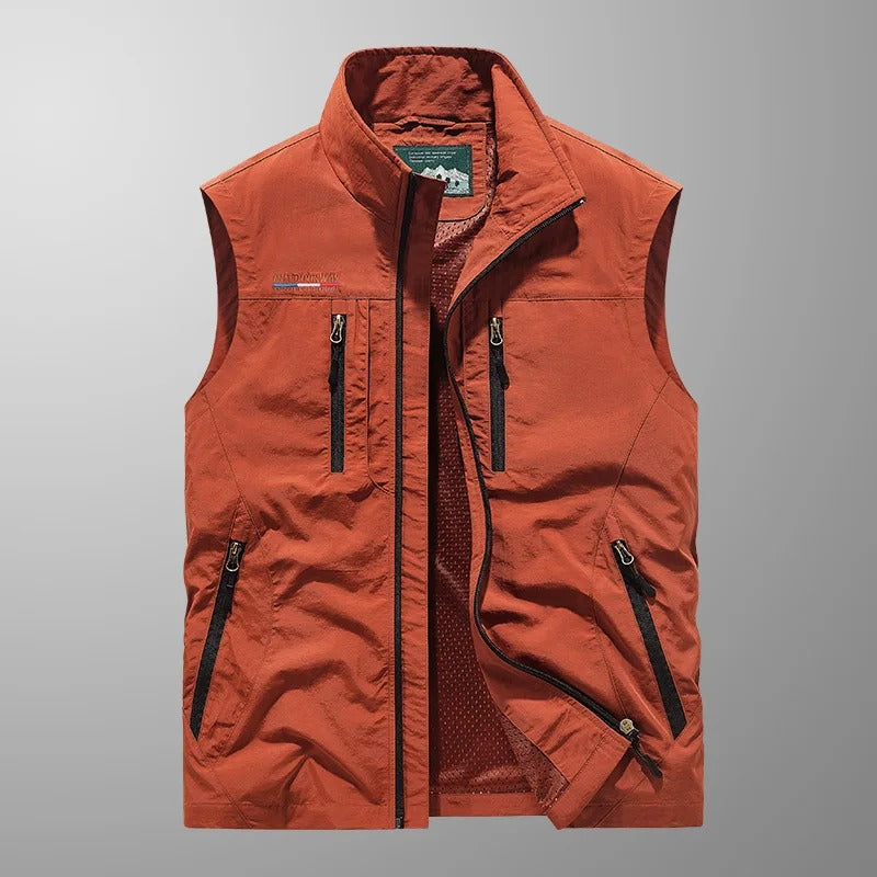 Men's Outdoor Vest with Stand Collar and Multi-Pocket Zip Design