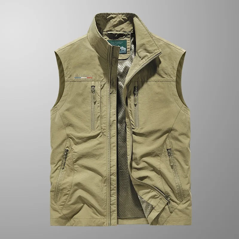 Men's Outdoor Vest with Stand Collar and Multi-Pocket Zip Design