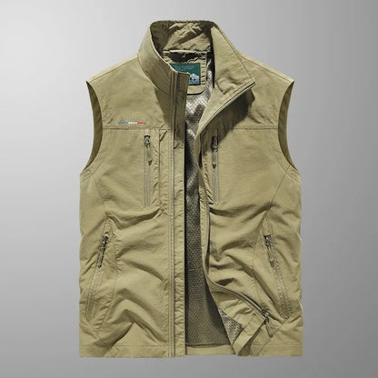 Men's Outdoor Vest with Stand Collar and Multi-Pocket Zip Design