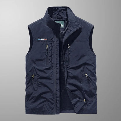 Men's Outdoor Vest with Stand Collar and Multi-Pocket Zip Design