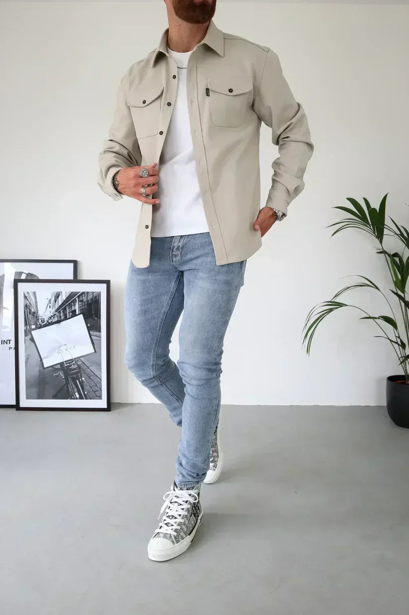 Men's Overshirt Long Sleeve with Chest Pockets and Button Closure