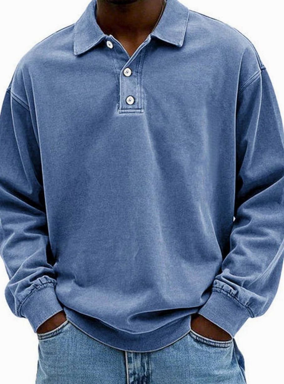 Men's Oversized Long Sleeve Polo Shirt with Button Placket