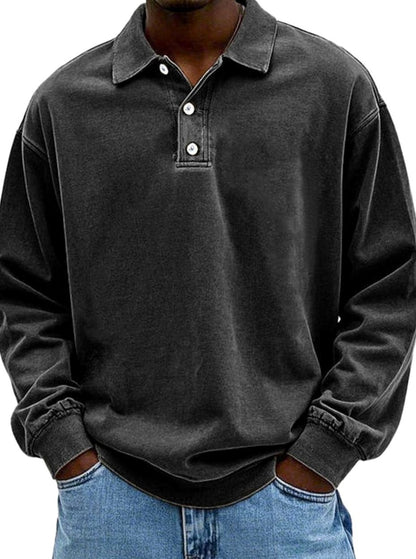Men's Oversized Long Sleeve Polo Shirt with Button Placket