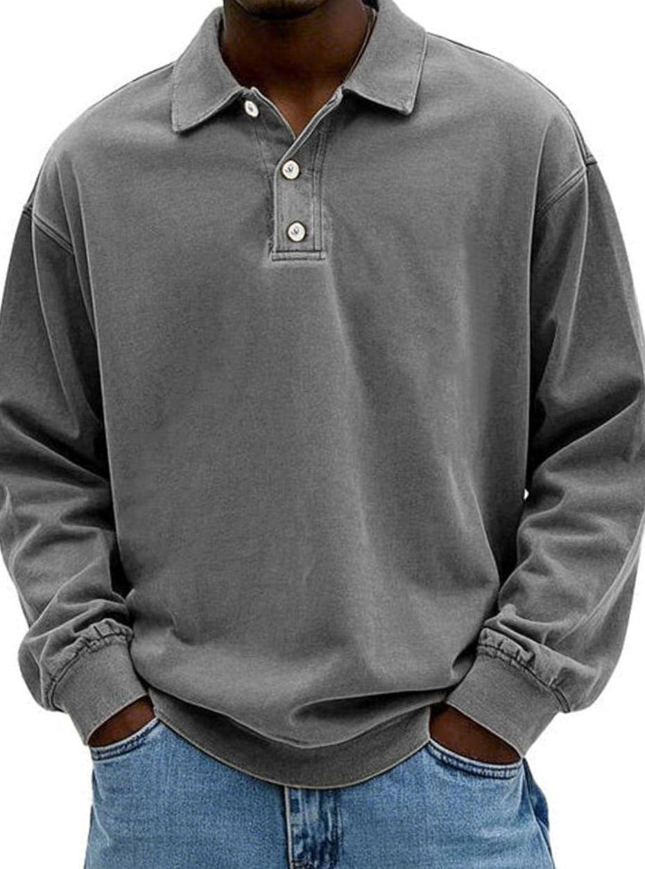 Men's Oversized Long Sleeve Polo Shirt with Button Placket