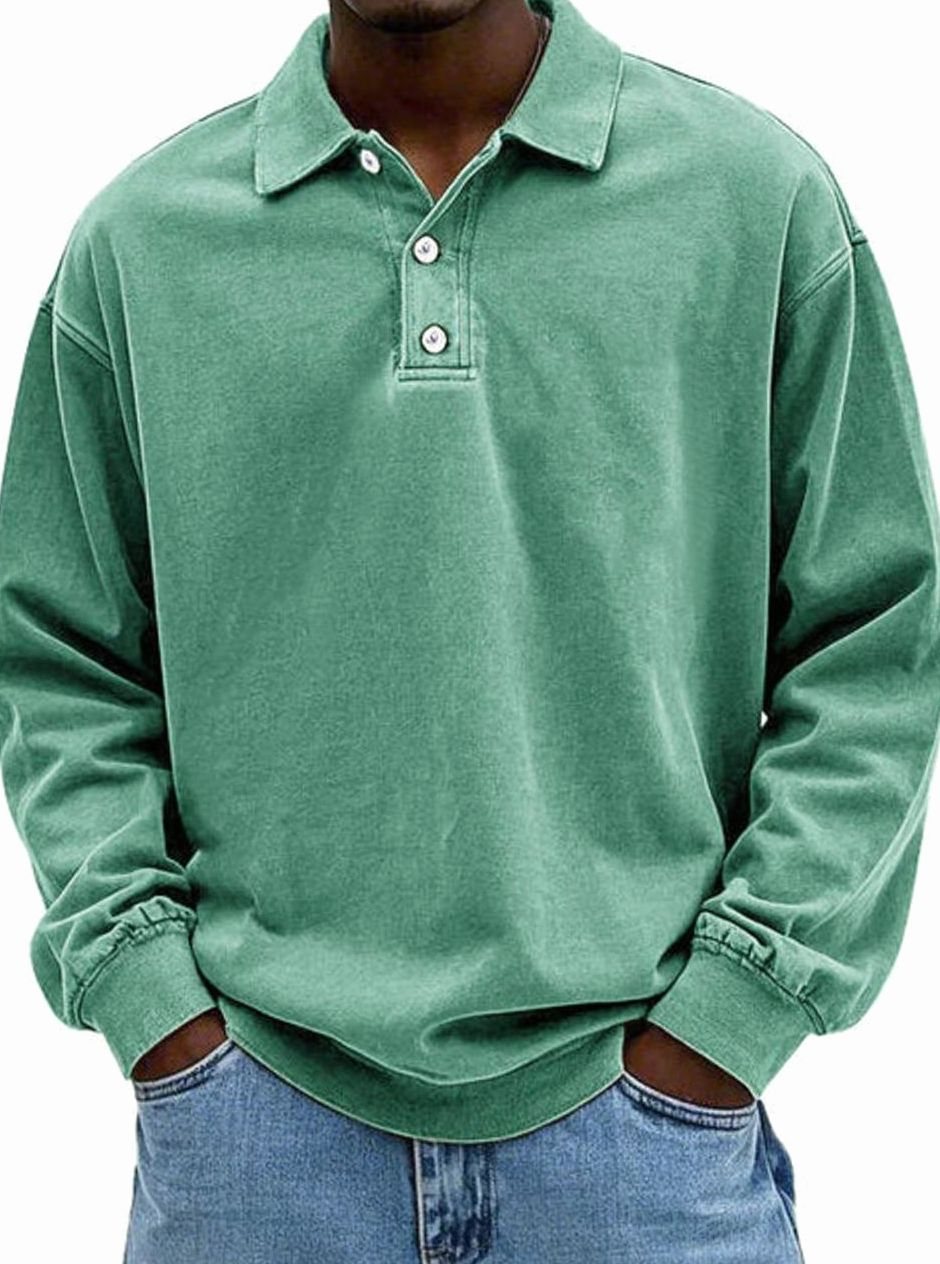 Men's Oversized Long Sleeve Polo Shirt with Button Placket