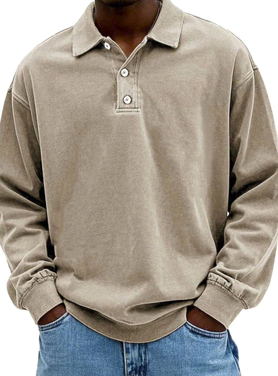 Men's Oversized Long Sleeve Polo Shirt with Button Placket