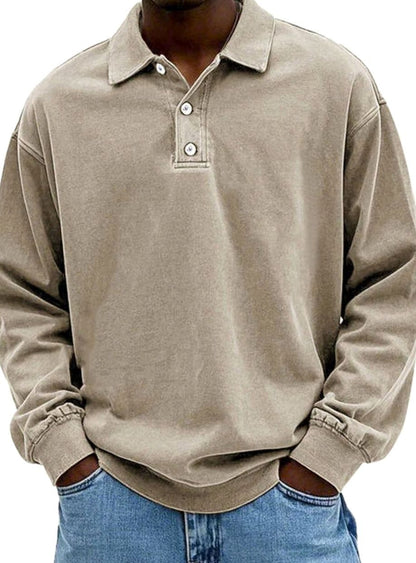 Men's Oversized Long Sleeve Polo Shirt with Button Placket