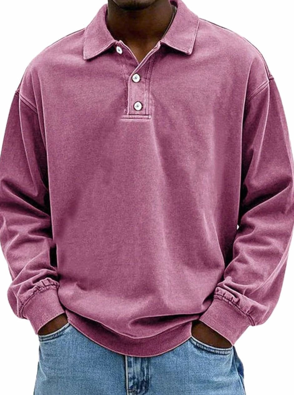Men's Oversized Long Sleeve Polo Shirt with Button Placket