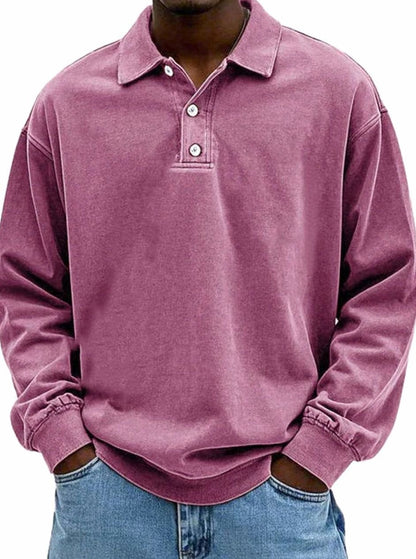 Men's Oversized Long Sleeve Polo Shirt with Button Placket