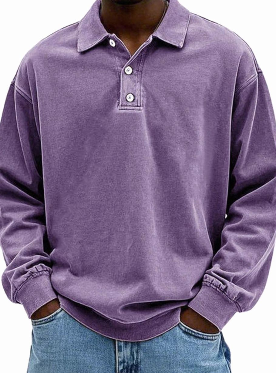 Men's Oversized Long Sleeve Polo Shirt with Button Placket
