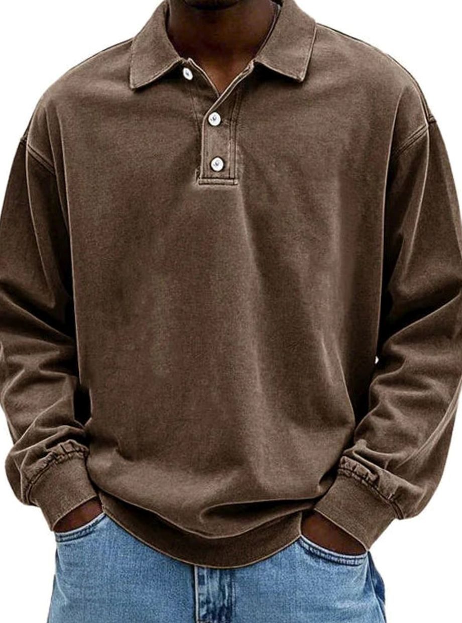 Men's Oversized Long Sleeve Polo Shirt with Button Placket