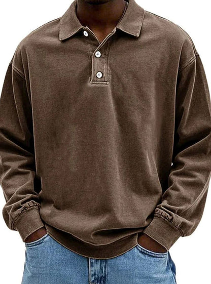 Men's Oversized Long Sleeve Polo Shirt with Button Placket