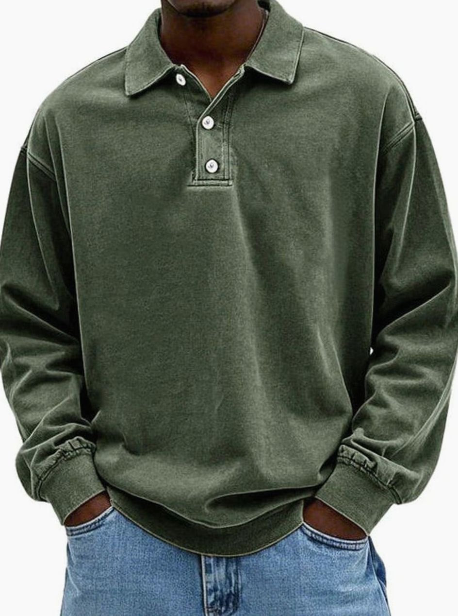Men's Oversized Long Sleeve Polo Shirt with Button Placket