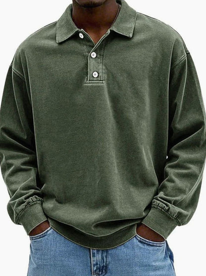 Men's Oversized Long Sleeve Polo Shirt with Button Placket