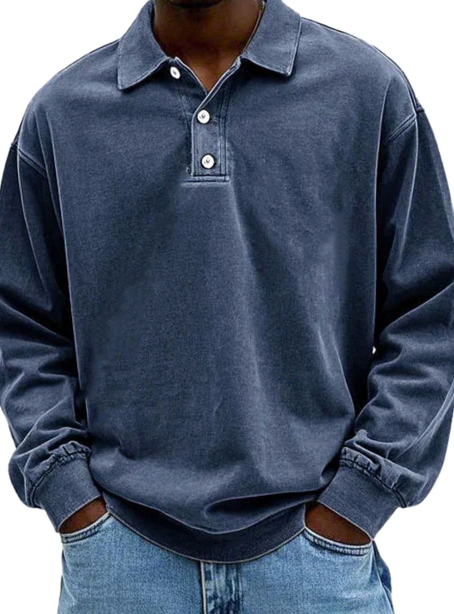 Men's Oversized Long Sleeve Polo Shirt with Button Placket