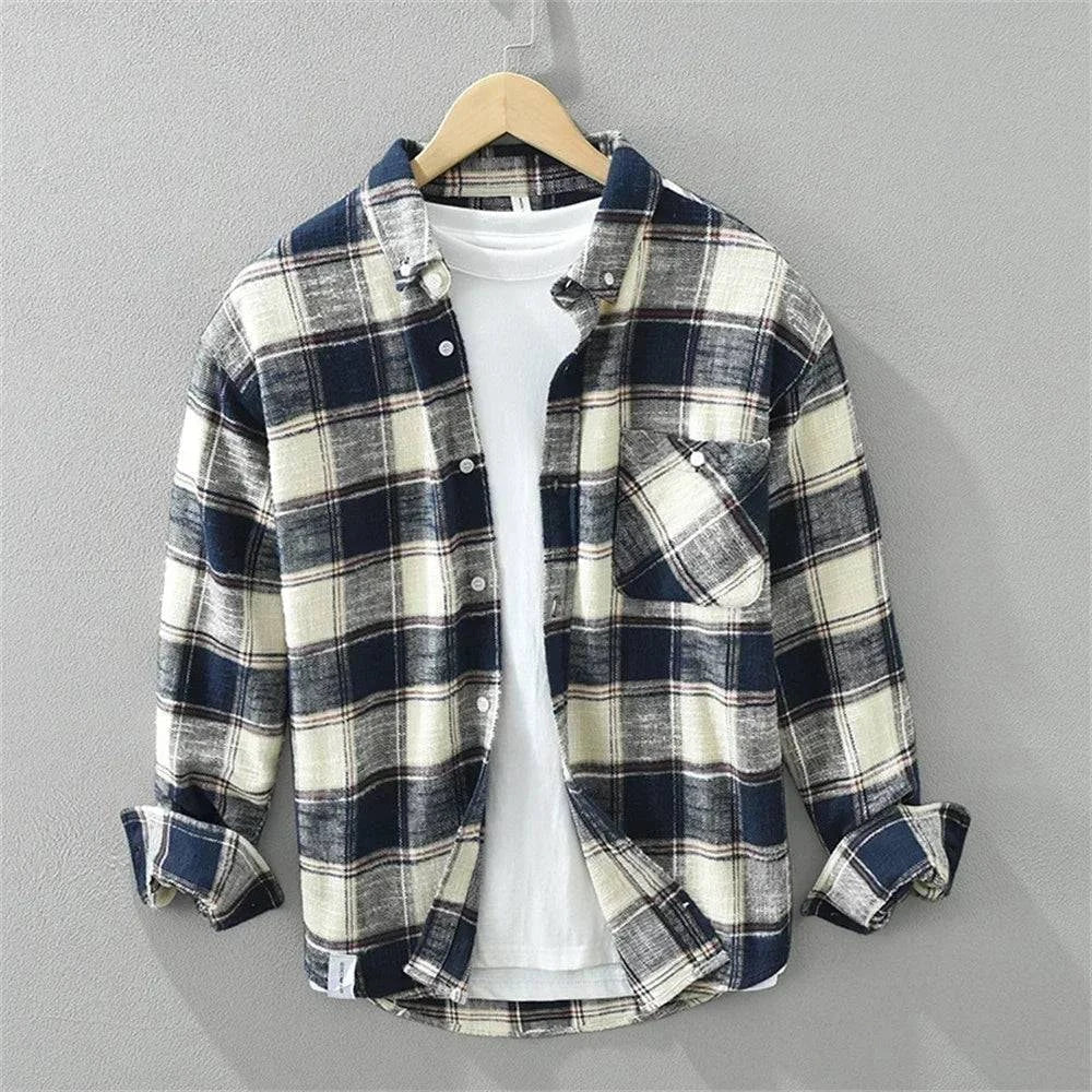 Men's Oversized Plaid Flannel Shirt with Chest Pocket and Button-Down Collar