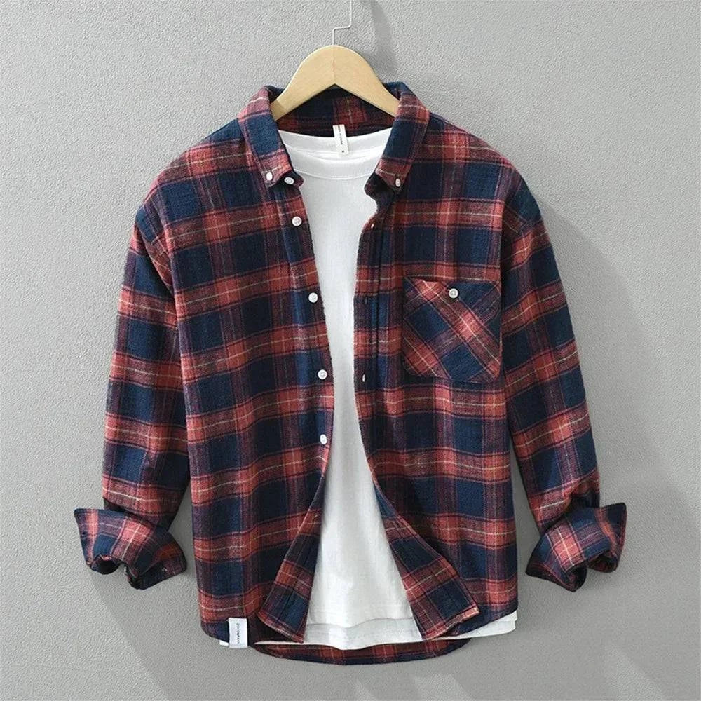Men's Oversized Plaid Flannel Shirt with Chest Pocket and Button-Down Collar