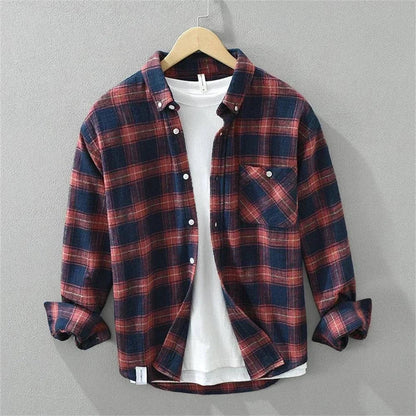 Men's Oversized Plaid Flannel Shirt with Chest Pocket and Button-Down Collar