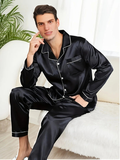 Men's Pajama Set with Notch Collar, Contrast Piping and Chest Pocket
