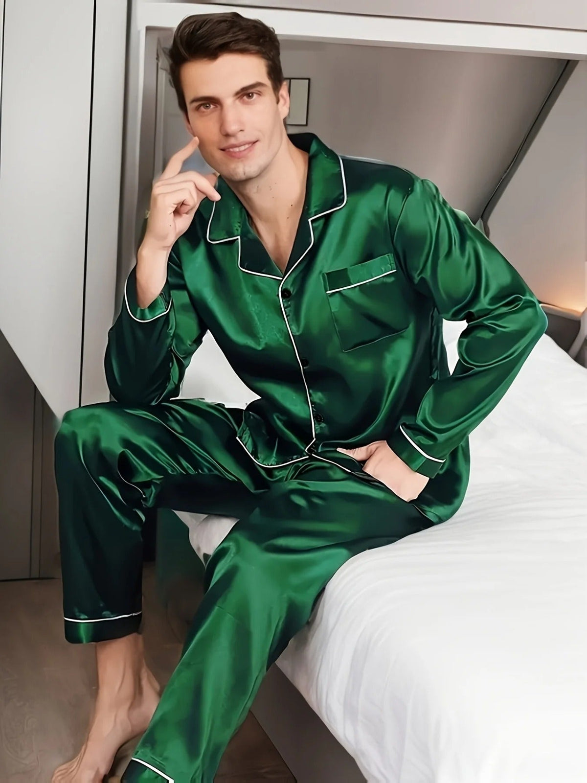 Men's Pajama Set with Notch Collar, Contrast Piping and Chest Pocket
