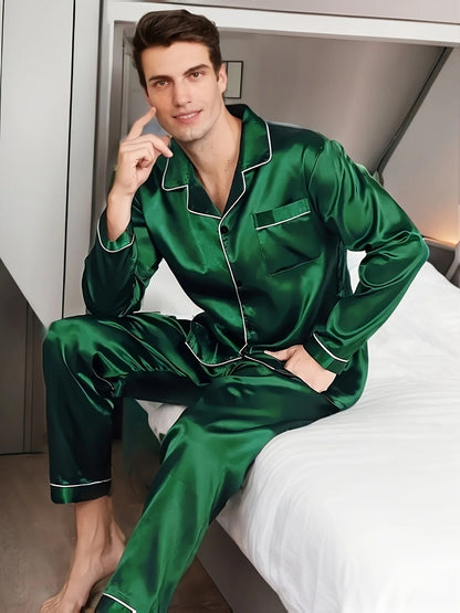 Men's Pajama Set with Notch Collar, Contrast Piping and Chest Pocket