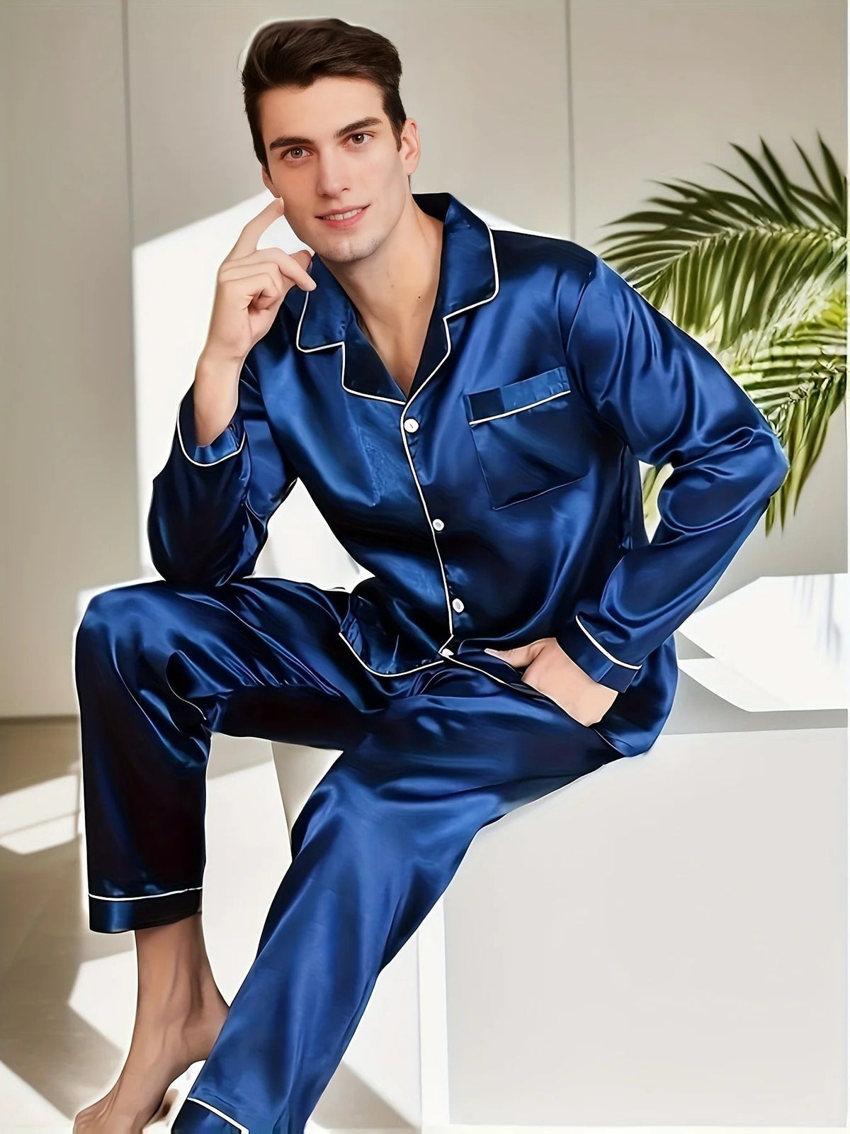 Men's Pajama Set with Notch Collar, Contrast Piping and Chest Pocket