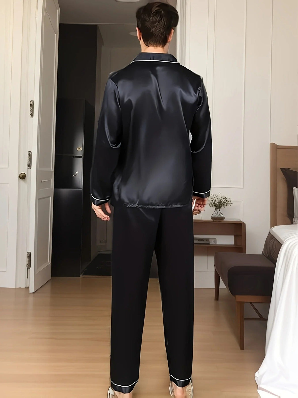 Men's Pajama Set with Notch Collar, Contrast Piping and Chest Pocket