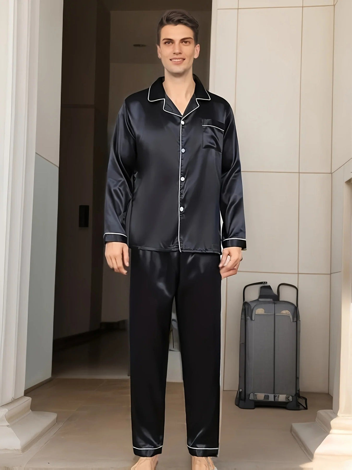 Men's Pajama Set with Notch Collar, Contrast Piping and Chest Pocket