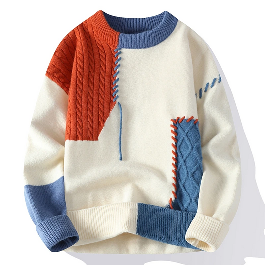 Men's Patchwork Knit Sweater with Cable Knit Panels and Contrast Stitching