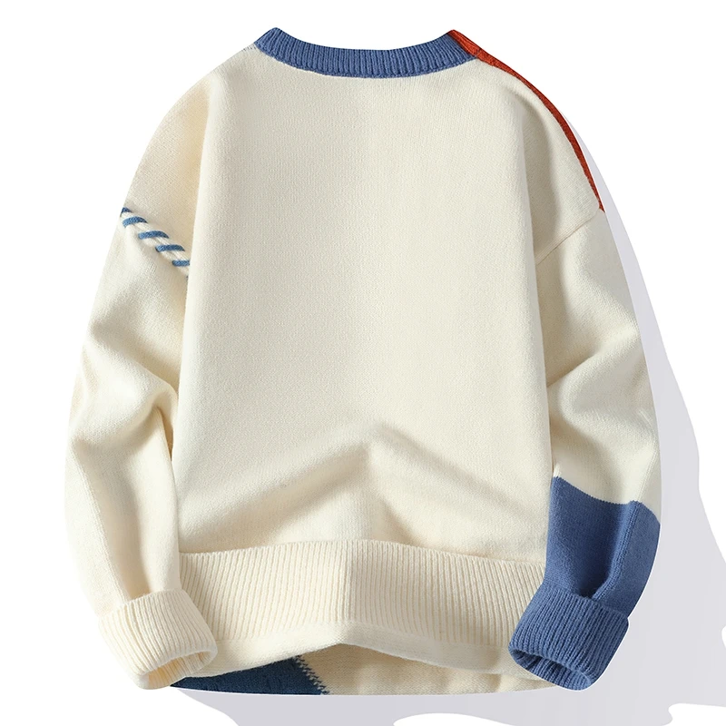Men's Patchwork Knit Sweater with Cable Knit Panels and Contrast Stitching