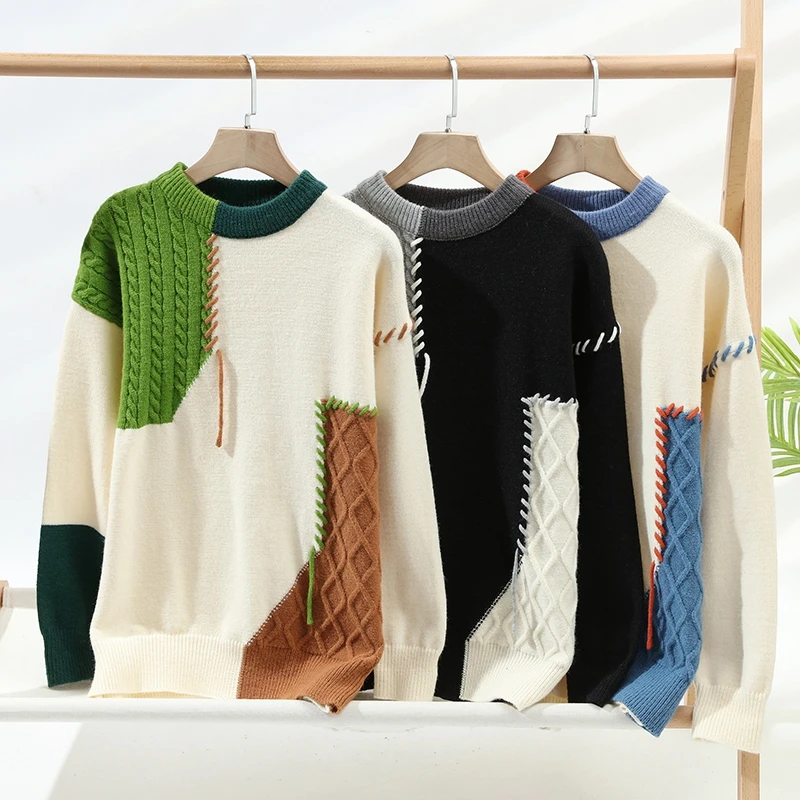 Men's Patchwork Knit Sweater with Cable Knit Panels and Contrast Stitching