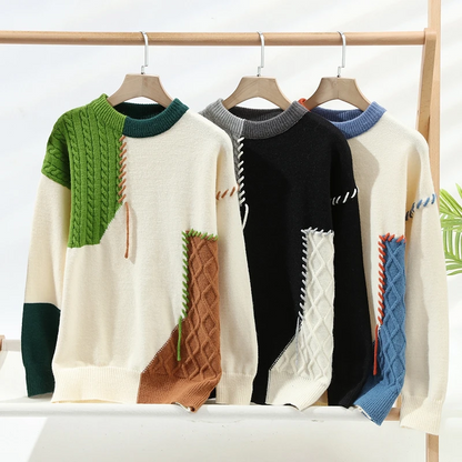 Men's Patchwork Knit Sweater with Cable Knit Panels and Contrast Stitching