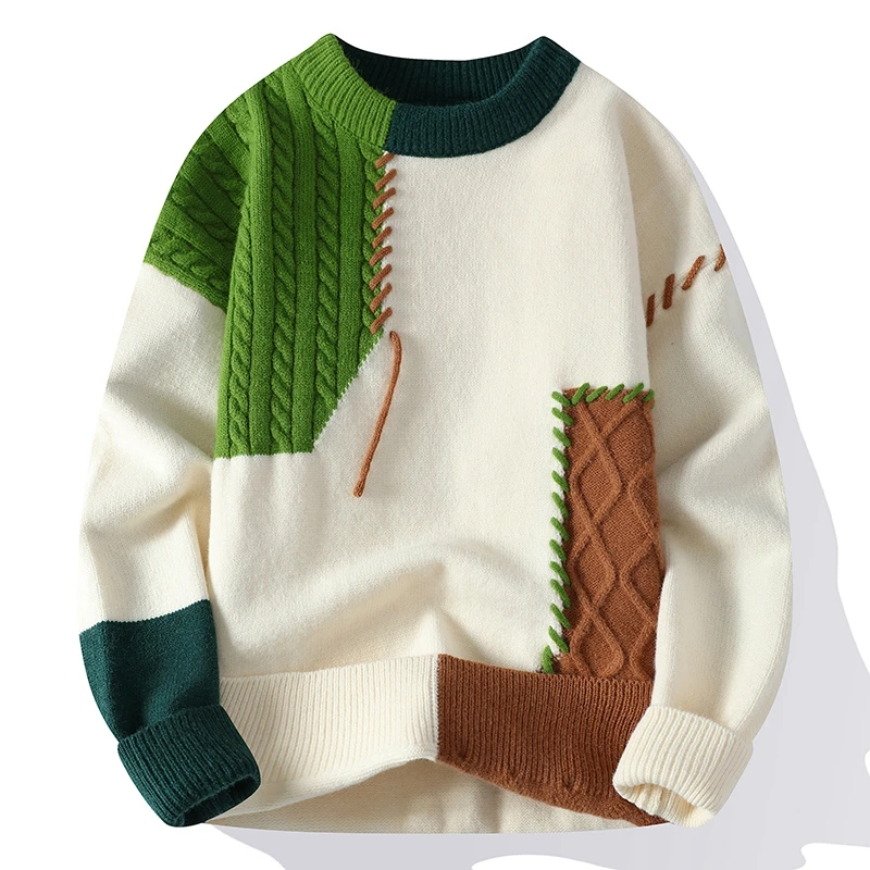 Men's Patchwork Knit Sweater with Cable Knit Panels and Contrast Stitching