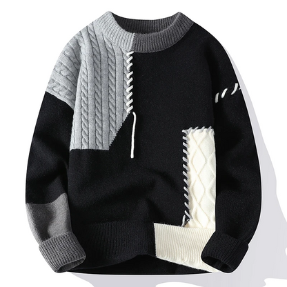 Men's Patchwork Knit Sweater with Cable Knit Panels and Contrast Stitching