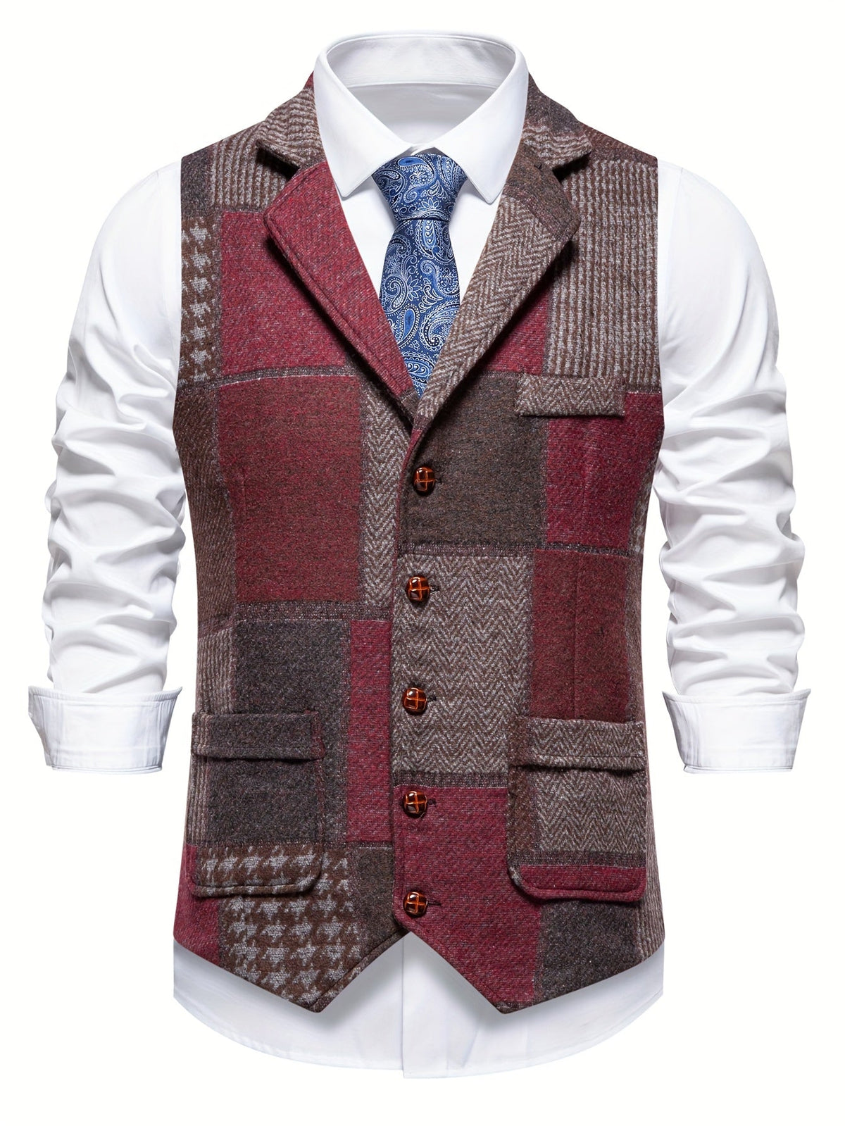 Men's Patchwork Suit Vest with Notch Lapel and Flap Pockets