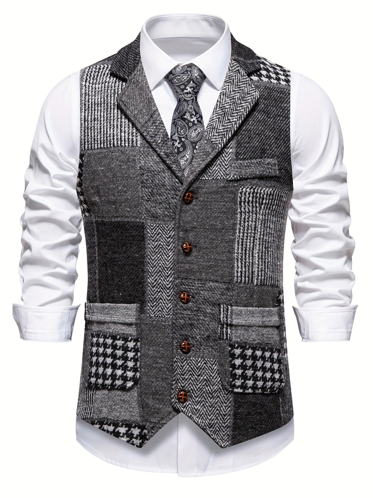 Men's Patchwork Suit Vest with Notch Lapel and Flap Pockets