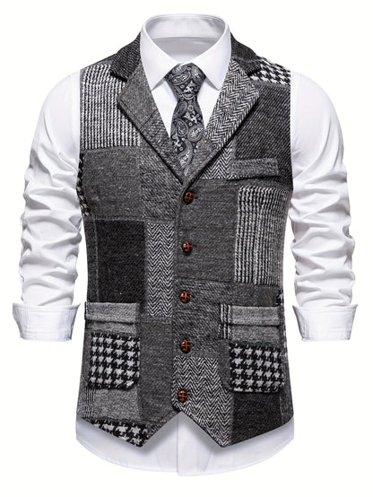 Men's Patchwork Suit Vest with Notch Lapel and Flap Pockets