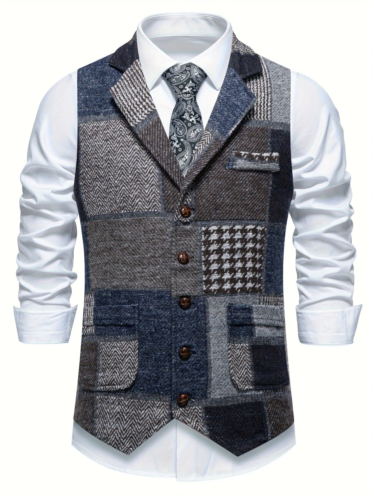 Men's Patchwork Suit Vest with Notch Lapel and Flap Pockets