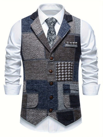 Men's Patchwork Suit Vest with Notch Lapel and Flap Pockets