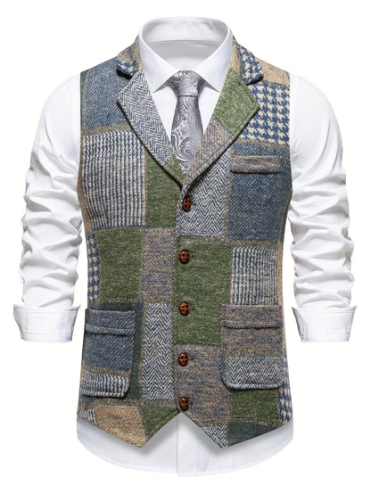 Men's Patchwork Suit Vest with Notch Lapel and Flap Pockets